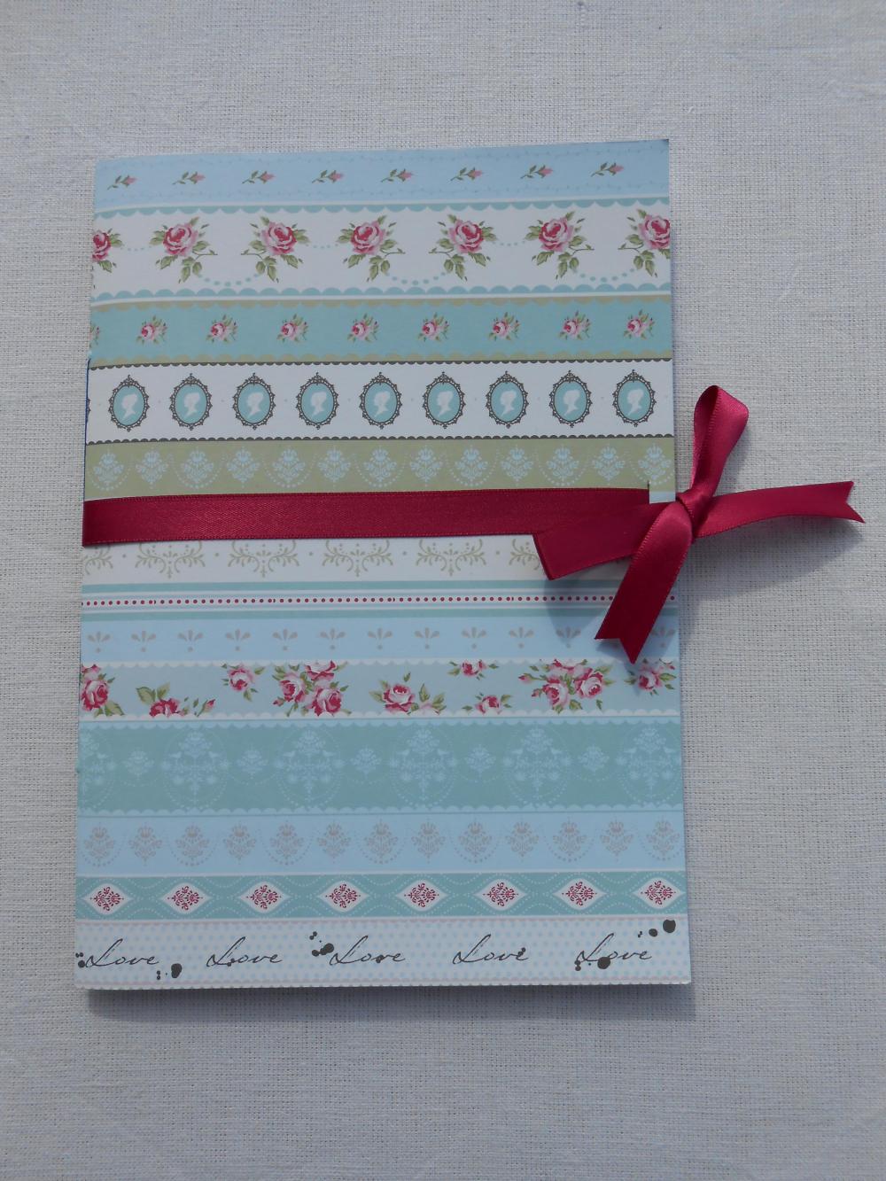 A5 Handstitched Notebook ~regency Brighton Style ~ Turquoise And Pink Pages And Burgundy Ribbon