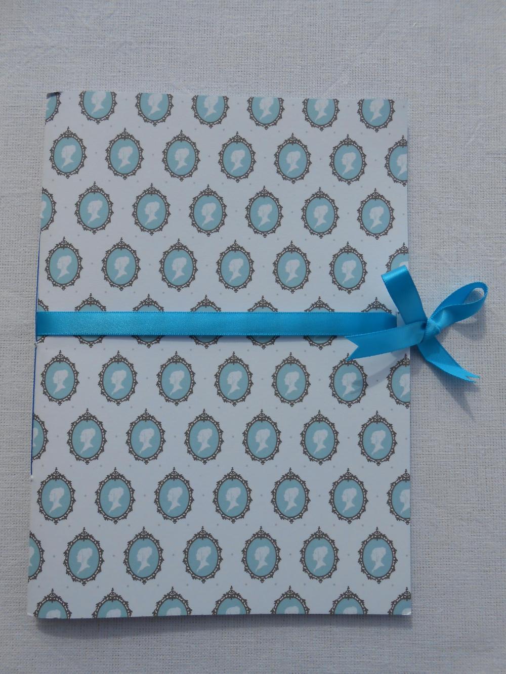 A5 Handstitched Notebook Regency Brighton Style With Cameos In Duck Egg Blue And Turquoise Ribbon