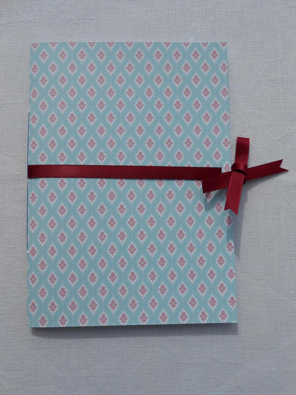 A5 Handstitched Notebook Regency Brighton Style In Duck Egg Blue And Red With Burgundy Ribbon