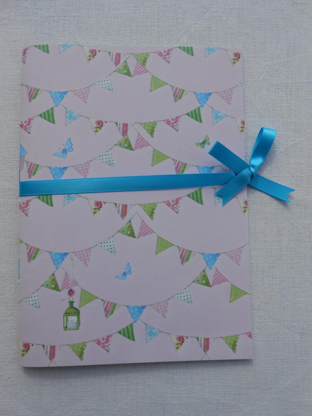 A5 Handstitched Notebook Bunting Butterflies Birdhouses Pink Cover With Turquoise Ribbon